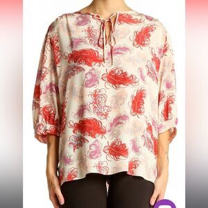 Tucker 100% Silk Feather Print Blouse S Boho Tie Neck Pink Red Designer Top